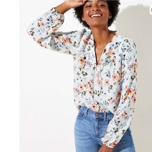 LOFT Women Floral Print Long Sleeve V Neck Tie Neck Blouse Shirt Top Size S